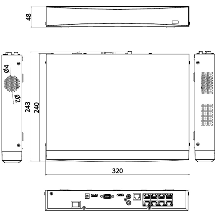 Rysunek techniczny rejestratora PoE Hikvision DS-7608NXI-K1/8P(D)